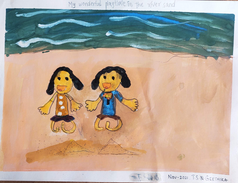Painting  by Sai Nithya Geethika Thota - Playing with the river sand