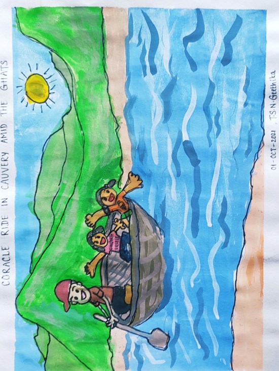 Coracle ride in Cauvery amid the Ghats, painting by Sai Nithya Geethika Thota