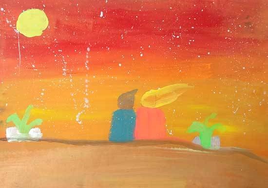 Couple sitting on the Lawn during sunset, painting by Yugan Padmanathaprabu