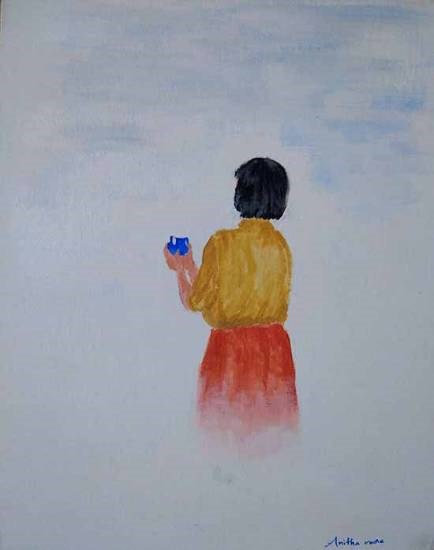 Girl holding coffee, painting by Anitha More