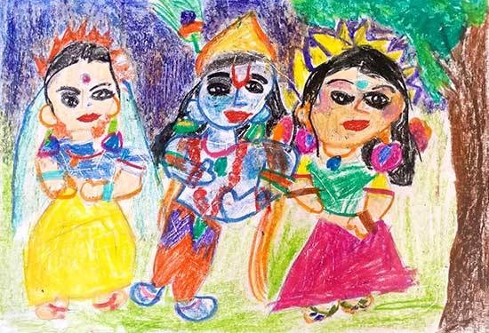 Gopikas with their beloved Krishna, painting by Akshara Jain