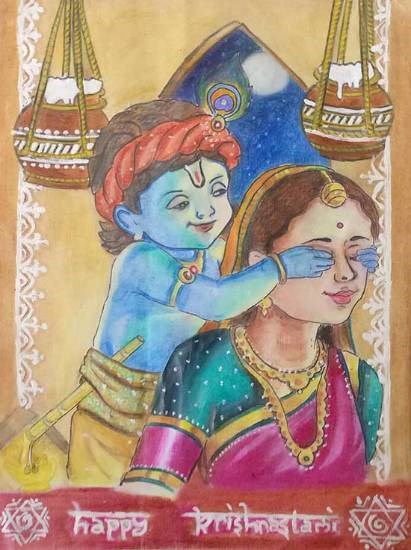 Janmashtami - Krishna playing with Yashoda, painting by Manas Malla