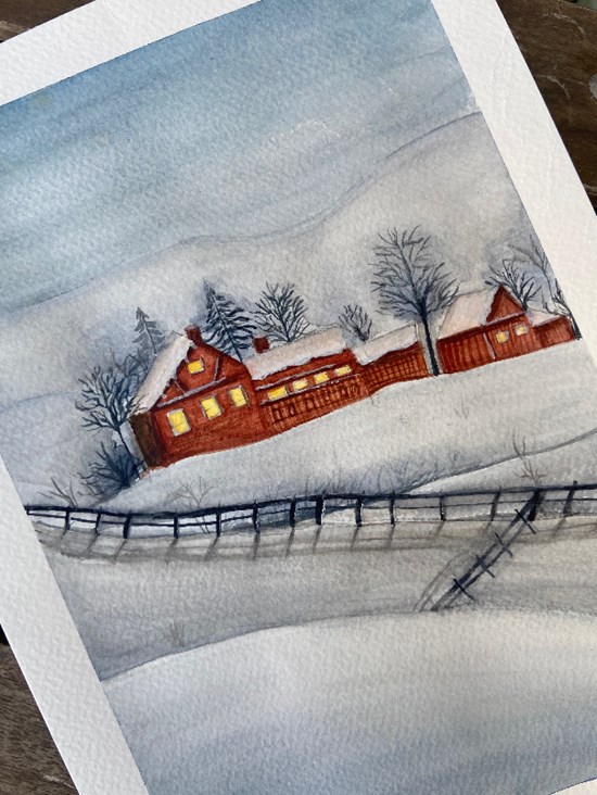 Snowy hills, painting by Saisha Sikka