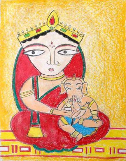Painting  by Janisha Chatterjee - Maa Durga with her son Ganesha