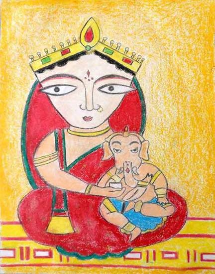 Maa Durga with her son Ganesha, painting by Janisha Chatterjee