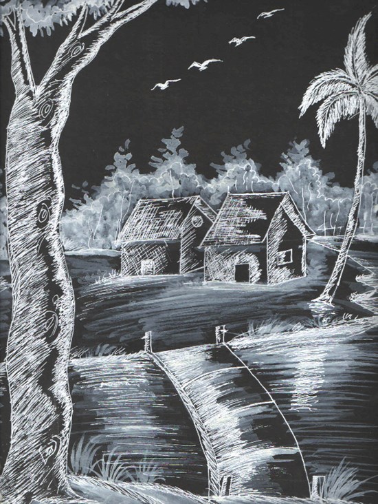 Village, painting by Janisha Chatterjee