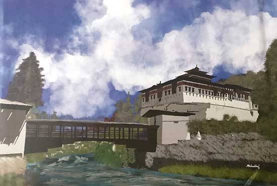 Painting  by Mrinalini Majumdar - Rinpung Dzong and Nemi Zam bridge on a Sunday morning