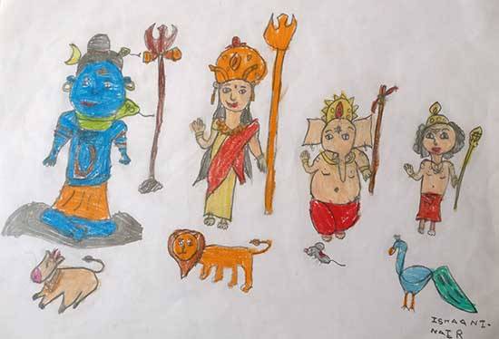Painting  by Ishaani Nair - Lord Shiva and family