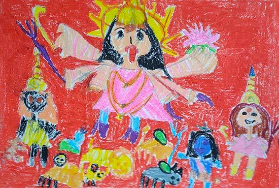 Painting  by Naithal Rahul - Ma Durga and kids.