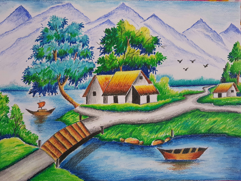 Learn How to Draw a Village Landscape in Oil Pastel Part 2 - Mind Luster-saigonsouth.com.vn