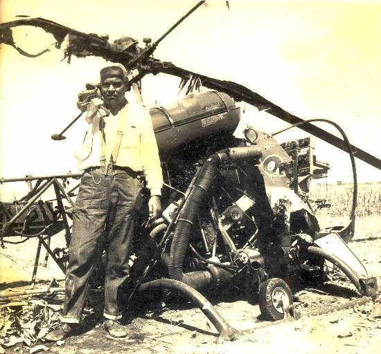 Prem Vaidya in front of a destroyed Pakistani helicopter, Indo-Pak war, 1965, photograph by Prem Vaidya