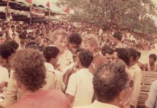 Everest conqueror Sir Edmund Hillary mobbed by crowds during the Indo-New Zealand jet boat expedition on the Ganges, photograph by Prem Vaidya