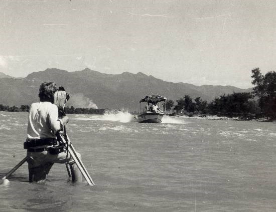 Filming Sir Edmund Hillar's Indo-New Zealand Jet Boat expedition on the Ganges, photograph by Prem Vaidya