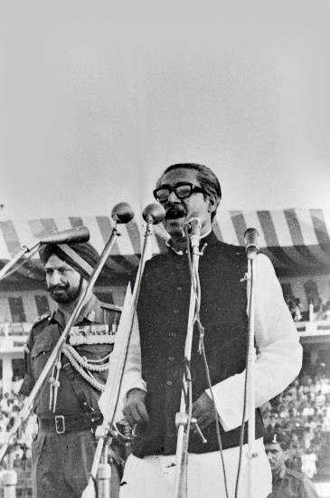 Sheikh Mujibur Reheman, founding leader of Bangladesh with Lt Gen Aurora, photograph by Prem Vaidya