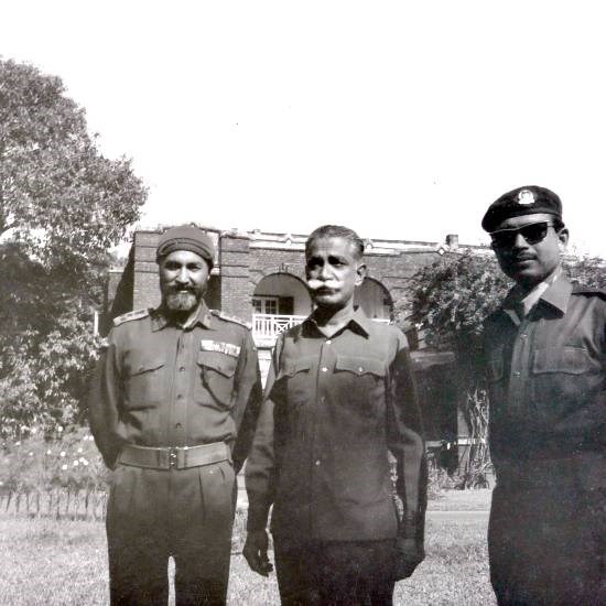 Brigadier Shabeg Singh, AVSM, Commander HQ Delta Sector (extreme left) with Col. Osmani, first Commander-in-Chief of Bangladesh, 1971, photograph by Prem Vaidya