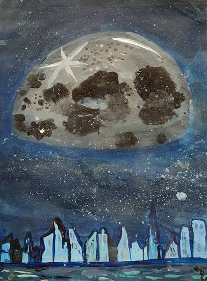 Painting  by V. Pranavi - View of moon from outer space