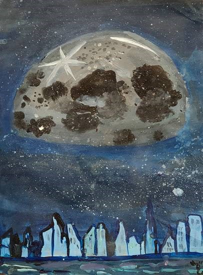 View of moon from outer space, painting by V. Pranavi