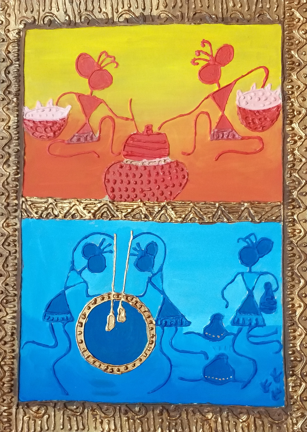 painting by Anupa Paul - The Warli Folkart- Village Women At Task