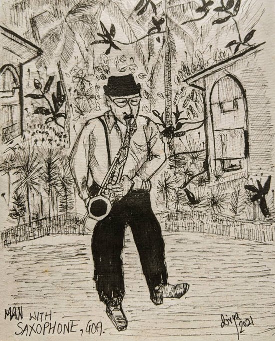 Man with Saxophone ,Goa, painting by Divya Bhagwat
