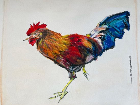 Rooster at Mwallynong, painting by Divya Bhagwat