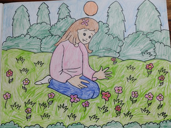 A girl enjoying the beauty of flowers, painting by Aarnav Pillai