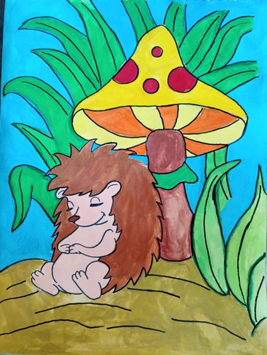 Hedgehog with Mushromm, painting by Aarnav Pillai