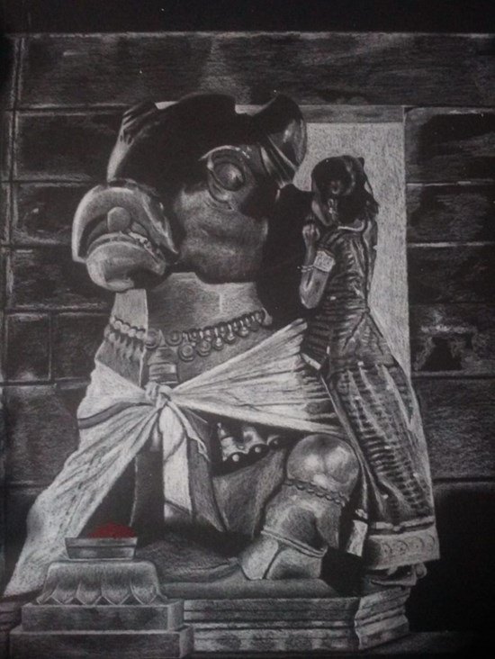 Praying girl with nandhi, painting by S Karthika