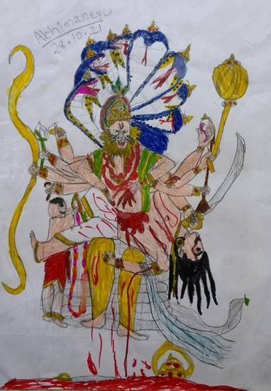 Narasimha defeat Hiranyakashipu, painting by Abhimaneyu Singh