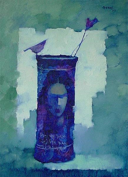 Blue Vase Blue Bird & Blue Flower, painting by Anwar Husain
