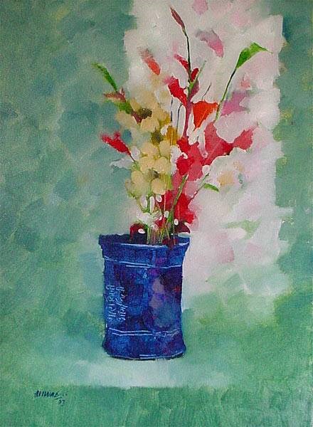 Blue Vase with Red Flowers, painting by Anwar Husain