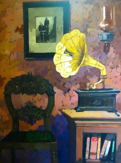 Gramophone at home (Nostalgia series), painting by Anwar Husain