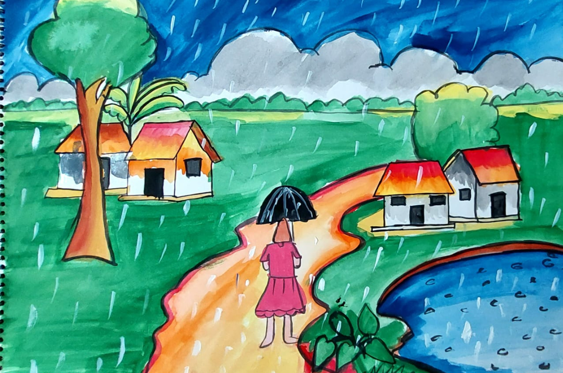 Painting  by Shreya Singh - Rainy Day in a village