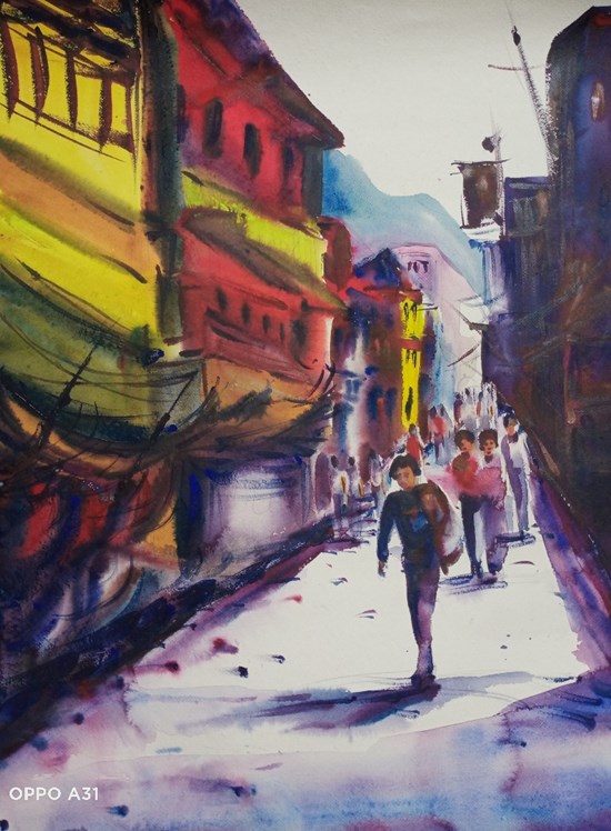 Life in the city of Mountains, painting by Sudipto Chakraborty