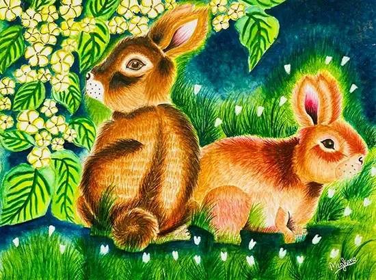 Rabbits, painting by Meghana M