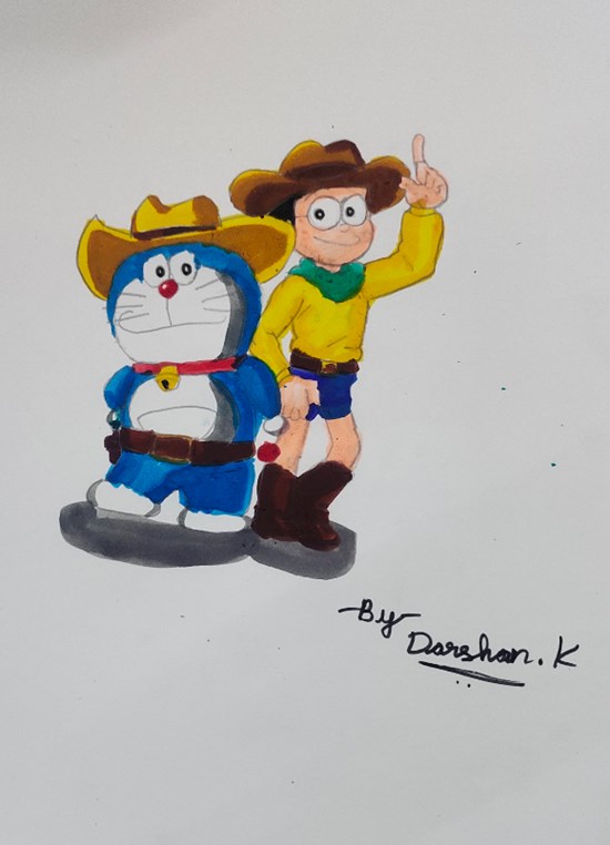 Doraemon and Nobita, painting by Darshan K.
