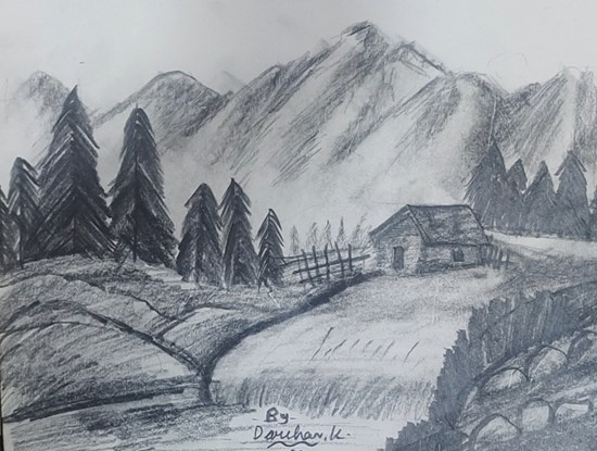 A landscape scenery using Graphite Pencils, painting by Darshan K.