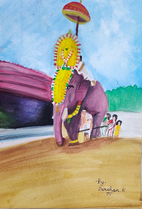 Kerala Temple Festival, painting by Darshan K.