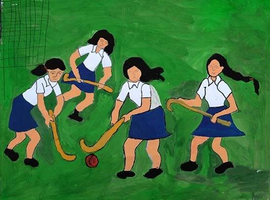Girls playing Hockey, painting by Vandana Dhadekar
