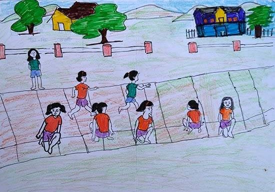 Girls playing Kho-Kho, painting by Kajal Sutar