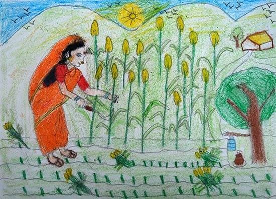 Farming woman, painting by Jayesh Bhandari