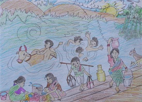 At river side, painting by Sati Pawara