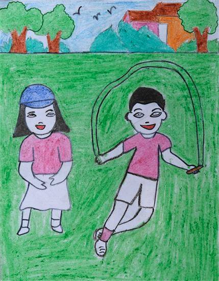 Painting  by Nandini Gedam - My favorite game - Skipping
