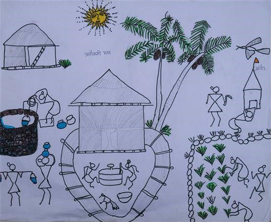 Tribal village, painting by Nisha Maraskolhe