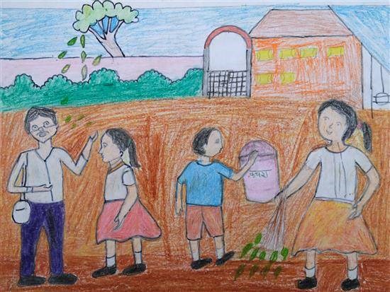 Cleaning of school premises, painting by Laxmi Aalam