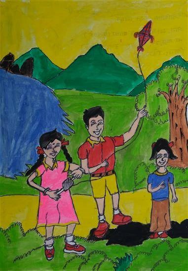 Children flying kite, painting by Avinash Jadhav