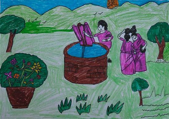 Women pulling water from well, painting by Pranali Budhar