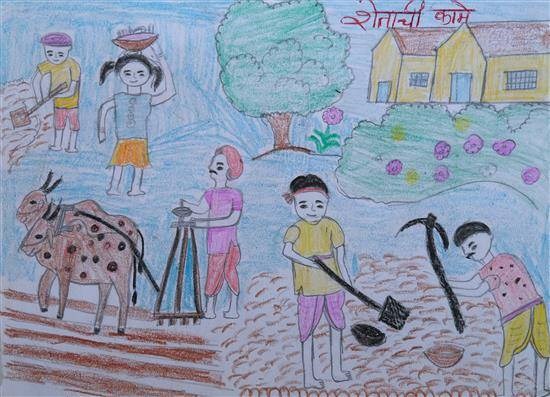 Agricultural work by farmers, painting by Monika Bhoye
