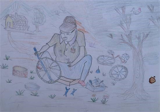A bicycle repairer, painting by Vishwas Chinda