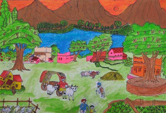 Village Scenery Drawing Step By Step - Easy Drawing Tutorial For Kids