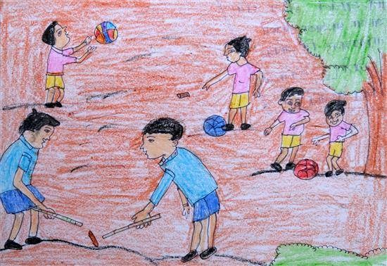 Children playing games, painting by Sachin Rabade